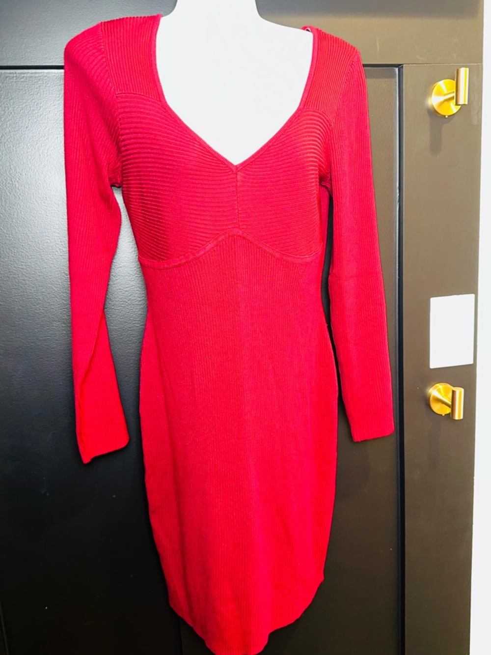 Almost Famous Red V-Neck Corset Body Con Ribbed Long Sleeve Knit Dress